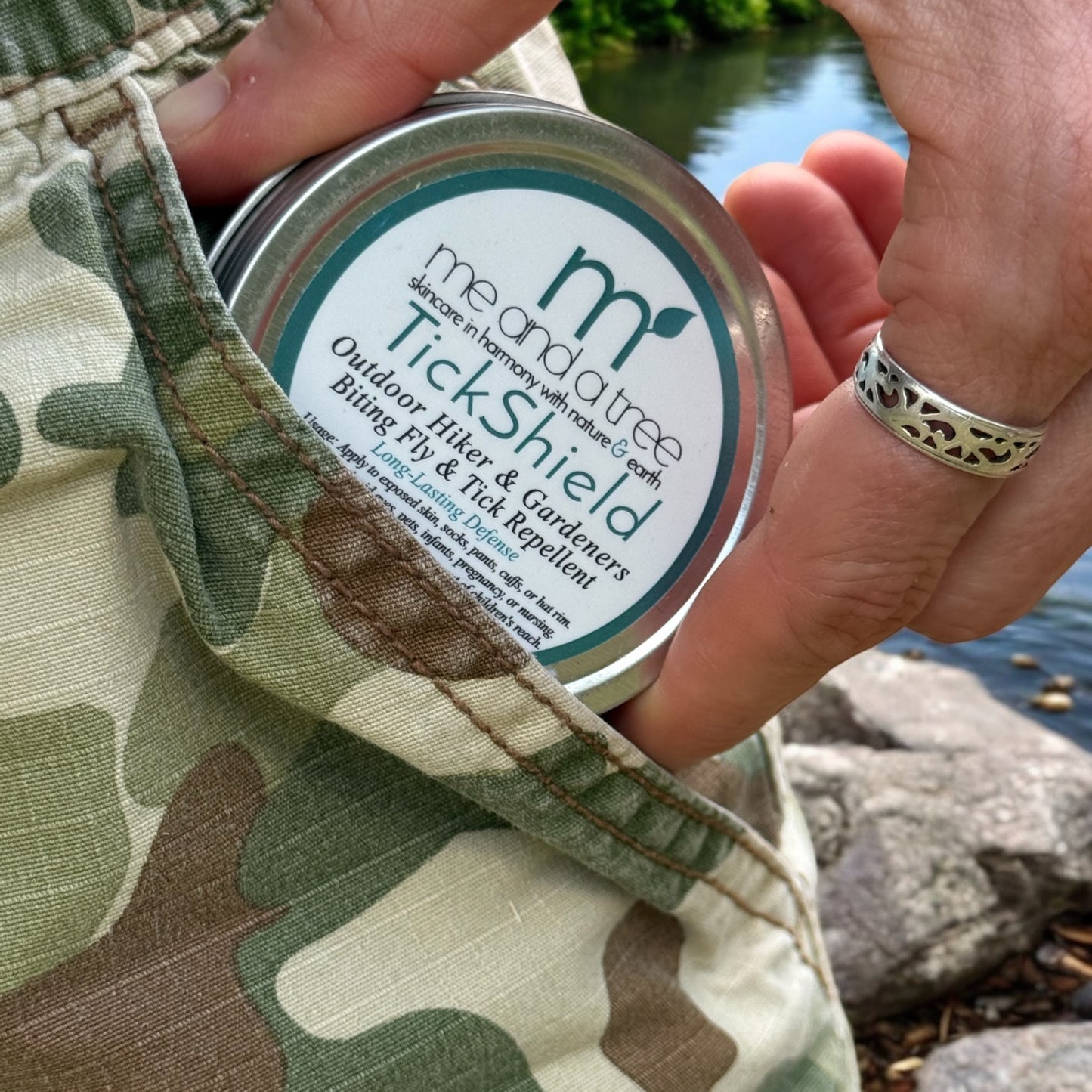 Me and a Tree Tick Shield balm shown for easy carry – outdoor skin protection from ticks and biting flies with natural ingredients