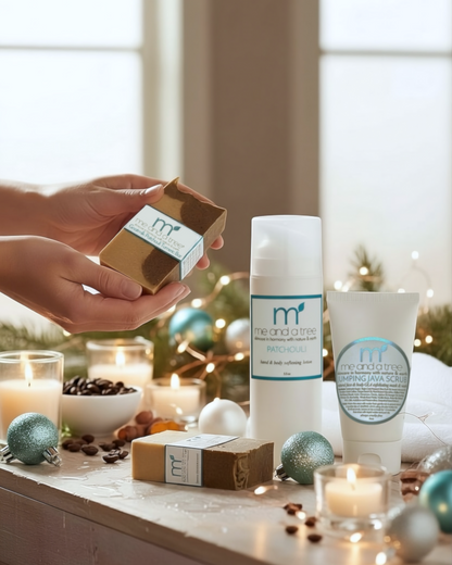 Winter's Best Patchouli Ritual Set wit goat milk soap, patchouli lotion, and jumping java scrub- natural holiday skincare gift display