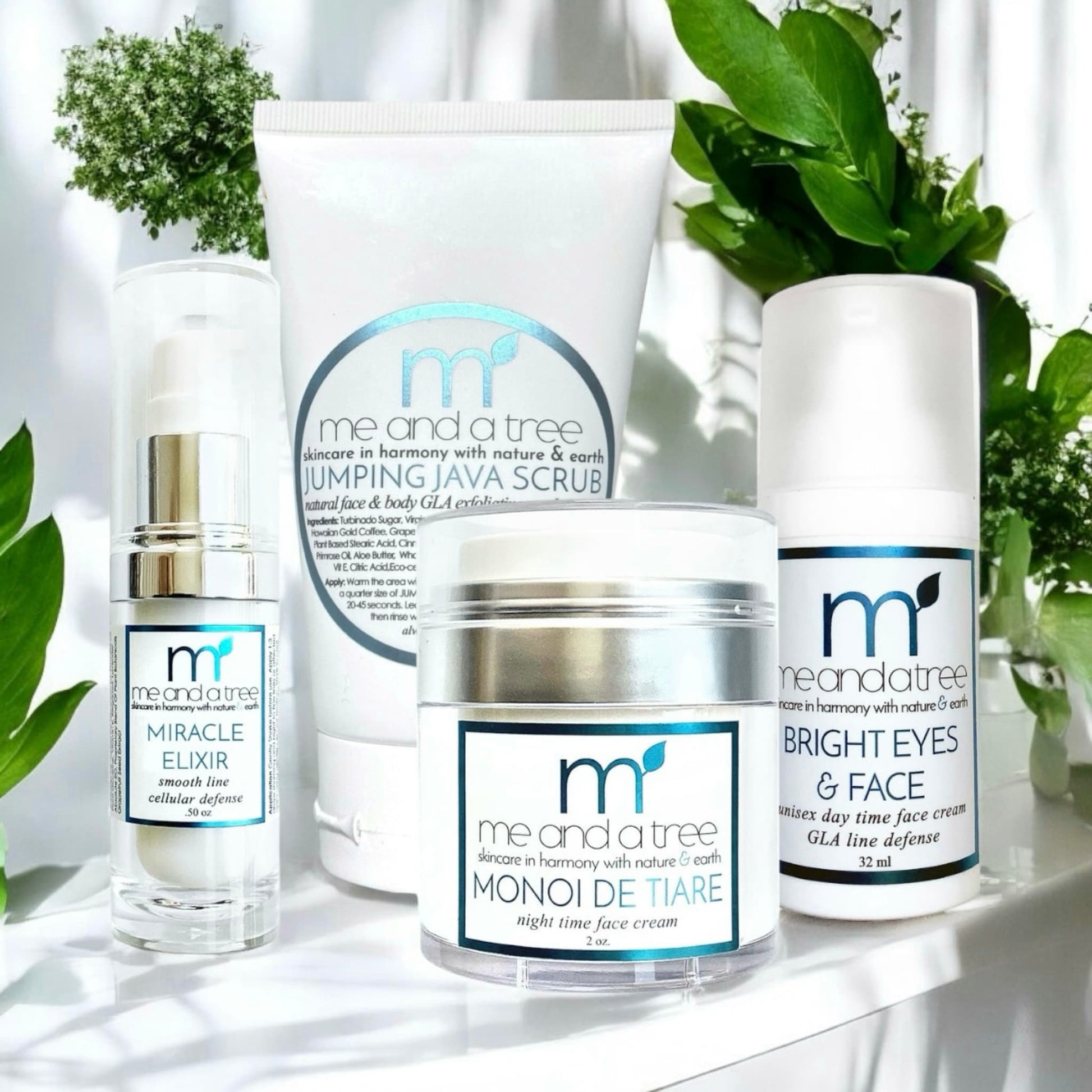 Organic skin care set for sensitive skin by Me and a Tree – includes day cream, night cream, botanical serum, and exfoliating scrub