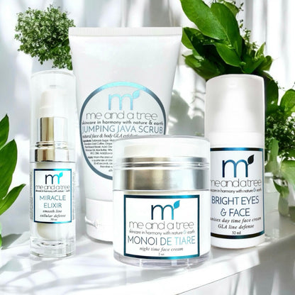 Organic skin care set for sensitive skin by Me and a Tree – includes day cream, night cream, botanical serum, and exfoliating scrub