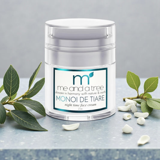 Me and a Tree Monoi de Tiare night face cream airless jar with exotic flowers and lush green leaves
