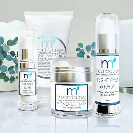 Me and a Tree natural face care kit featuring Bright Eyes Day Cream, Miracle Elixir serum, Monoi de Tiare Night Cream, and Jumping Java Scrub