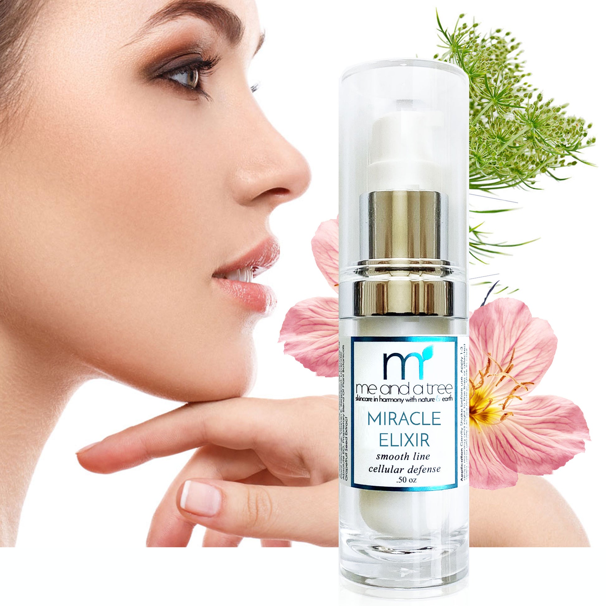 Carrot Seed and Primrose Miracle Serum Facial Prep with lady holding airless pump in ier hand with flowers spilling around her face